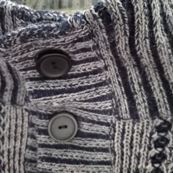 Vintage Blue Cable Knit Thick Button Down Turtleneck Sweater Size LG (T-338) - Picture 10 of 13